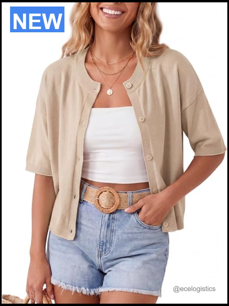 Lightweight Cropped Cardigan Knit Short Sleeve Button Down Sweater Top